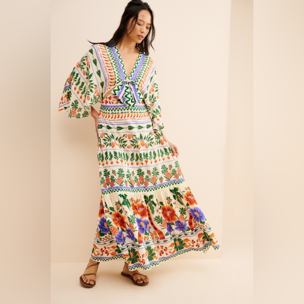 FARM Rio Anthropologie V-Neck Kaftan Maxi Cut-Out Dress Medium with small flaw!!